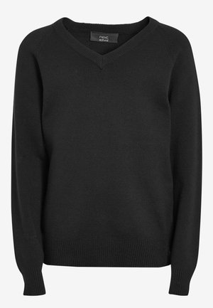 Pull noir en V fabriqué en matière tricotée douce. Il dispose de manches longues et de bords-côtes aux manches et à l'ourlet. Design simple, sans motifs visibles.