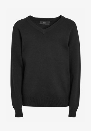 Schwarzer V-Ausschnitt-Pullover aus weichem Strickmaterial. Mit langen Ärmeln und gerippten Bündchen und Saum. Einfaches Design, keine sichtbaren Muster.