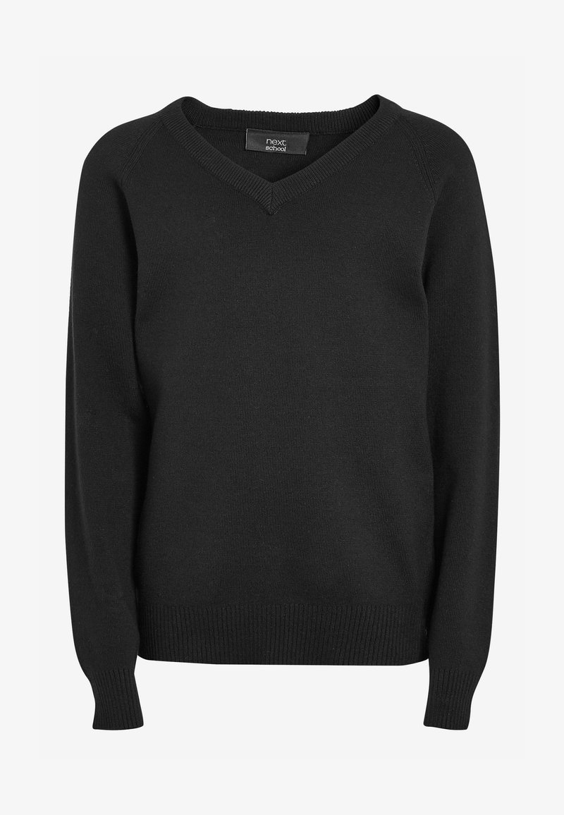 Schwarzer V-Ausschnitt-Pullover aus weichem Strickmaterial. Mit langen Ärmeln und gerippten Bündchen und Saum. Einfaches Design, keine sichtbaren Muster.