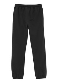 Sorte sweats lavet af en bomuldsblanding, med en elastisk talje og tapered manchetter, der har en glat tekstur og ingen mønstre.