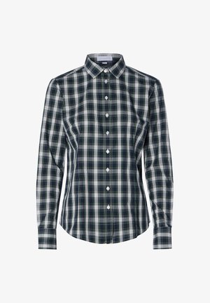 Koszula z długim rękawem, zapinana na guziki, w granatowo-zieloną kratę. Posiada klasyczny kołnierzyk, białe guziki i lekko dopasowany krój.