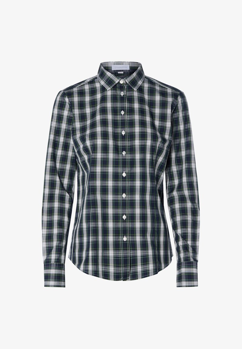 Koszula z długim rękawem, zapinana na guziki, w granatowo-zieloną kratę. Posiada klasyczny kołnierzyk, białe guziki i lekko dopasowany krój.