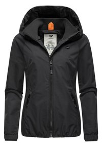 Black zip-up jacket with a hood, made of smooth, lightweight fabric. Features two zippered side pockets and elastic cuffs for snug fit.