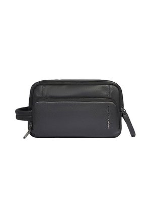 Sort læder toilettaske med to lynlåskompartmenter, sidehåndtag og lille mærkelogo på frontlommen.