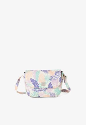 Bolso cruzado tipo flap en colores pasteles con un diseño de hojas tropicales. Fabricado con material duradero, con un acento de logo plateado y correa ajustable.