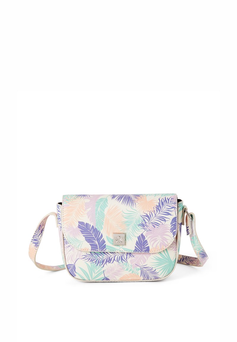 Borsa a tracolla Flap in colori pastello con motivo a foglie tropicali. Realizzata in materiale resistente con dettaglio del logo argentato e tracolla regolabile.