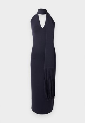 Halter-neck dress in dark navy, made of soft fabric, featuring a deep V-neck and a long, fringed scarf detail attached at the neckline.
