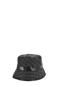 Cappello a secchiello grigio scuro con motivo monogramma nero e un nastro nero lucido attorno alla base, esposto su uno sfondo bianco.