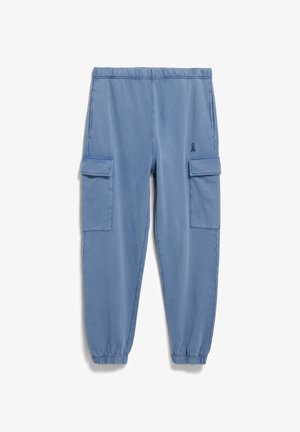 Lichtblauwe cargobroek met een elastische tailleband, twee zijzakken en twee opgestikte zakken op de dijen. Zacht stof met elastische boorden.