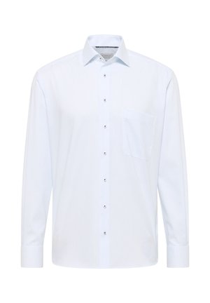 White long-sleeve dress shirt with subtle vertical stripes, front buttons, a chest pocket, and a classic collar.