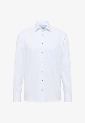 Witte blouse met lange mouwen, subtiele verticale strepen, knopen aan de voorkant, een borstzakje en een klassieke kraag.