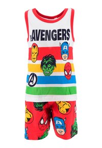 Avengers-themed children's pajamas featuring a white tank top with colorful superhero faces and red shorts with repeated character prints.