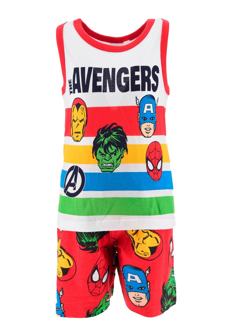 Avengers-themed children's pajamas featuring a white tank top with colorful superhero faces and red shorts with repeated character prints.
