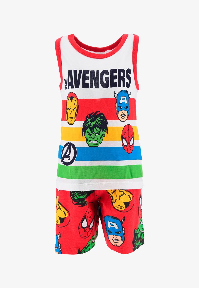 Avengers-themed children's pajamas featuring a white tank top with colorful superhero faces and red shorts with repeated character prints.