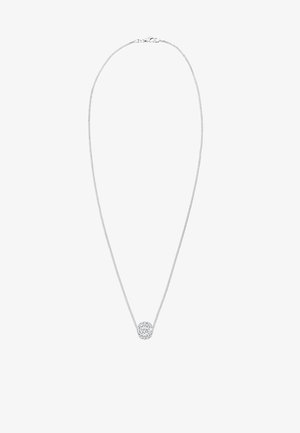 Silberne Kettenhalskette mit einem runden Anhänger, der mehrere funkelnde Steine aufweist und eine strukturierte Oberfläche in einem minimalistischen Design schafft.