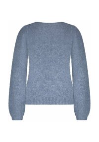 Zacht, fuzzy lichtblauw gebreid sweater met lange mouwen en een ronde halslijn, van achteren getoond op een witte achtergrond.