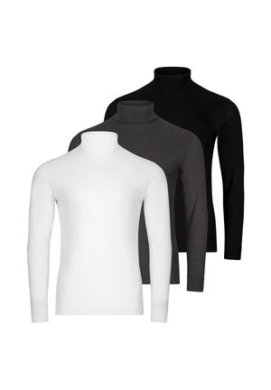 Drei langärmelige Rollkragenhemden in Weiß, Dunkelgrau und Schwarz, gestapelt dargestellt mit leicht gebeugten Ärmeln.