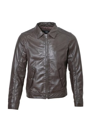 Brązowa skórzana kurtka z zamkiem z przodu, wyciętym kołnierzem, dwoma przednimi kieszeniami i dopasowanym krojem. Gładka powierzchnia, klasyczny styl.