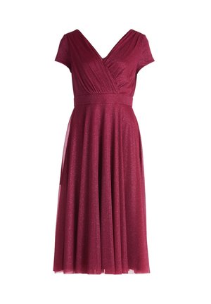 Burgundy dress with short sleeves, V-neckline, pleats at the bust, and a flowing skirt; made from a shimmering, textured fabric.