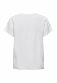 Biała koszulka z krótkim rękawem, okrągłym dekoltem i luźnym krojem. Materiał wydaje się lekki i gładki, o prostym wzornictwie.