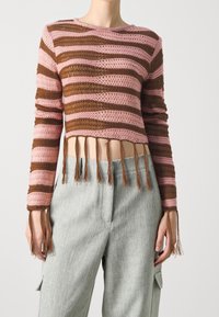 Gehaakt topje in roze en bruine strepen, met lange franjes aan de onderkant. Lange mouwen en een cropped ontwerp. Gecombineerd met lichtgrijze wijde broek.