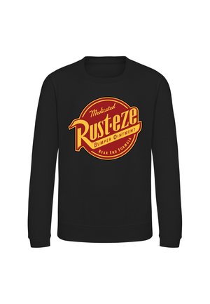 Felpa nera a maniche lunghe con un logo circolare Rust-eze Bumper Ointment rosso e giallo al centro.