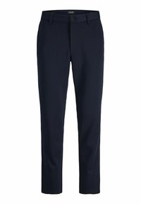Pantaloni slim-fit da uomo blu navy con passanti per cintura, chiusura con bottone e tasche frontali, esposti su uno sfondo bianco.