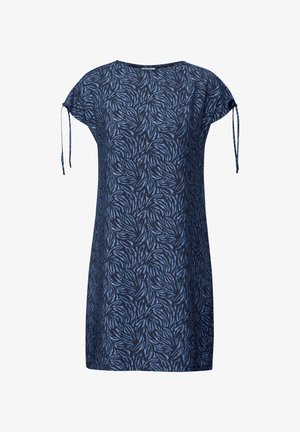 Tmavě modré krátké šaty s listovým vzorem ve světle modré barvě, s krátkými rukávy a šňůrkovými detaily na ramenou. Materiál smíchaný s bavlnou.