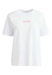 White cotton t-shirt with short sleeves, featuring pink embroidered text "BE KIND" on the chest. Round neck and standard fit.