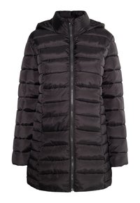 Chaqueta de plumas negra con costuras horizontales, un cierre de cremallera en la parte delantera y capucha. Tela suave y brillante con un diseño ligero y acolchado.