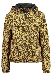 Leopardprint pullover met een capuchon, gele basis, zwarte accenten en een voorkant met ritssluiting voor ventilatie. Heeft elastische manchetten en een voorvak.