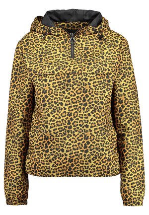 Lauvas raksta džemperis ar kapuci, dzeltenā krāsā, melniem akcentiem un priekšējo rāvējslēdzēju ventilācijai. Ievērojams ar elastīgām piedurknēm un priekšu kabatu.