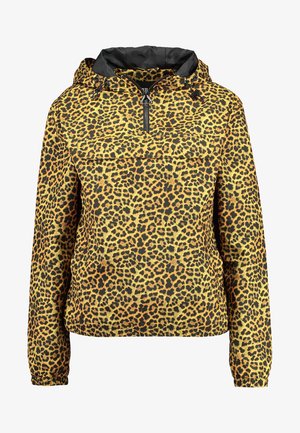 Pull-over à imprimé léopard avec capuche, base jaune, accents noirs et fermeture éclair à l'avant pour la ventilation. Dispose de poignets élastiques et d'une poche avant.