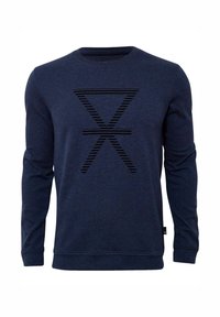 Felpa a maniche lunghe blu navy con un design geometrico a clessidra nera composto da linee orizzontali sul petto.