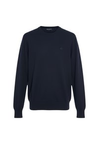 Felpa in maglia blu navy con maniche lunghe, scollo a girocollo e un dettaglio logo sottile sul petto. Realizzata in tessuto morbido e texturizzato.
