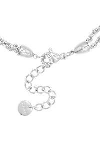 Collana in argento con maglie intrecciate, chiusura a gancio e catena di estensione con un'etichetta circolare incisa con "S. Steel."