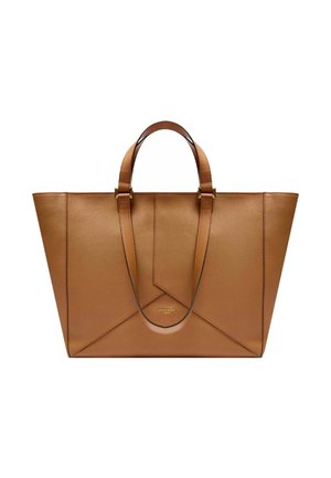 Sac fourre-tout en cuir texturé marron avec deux poignées supérieures et des détails de couture géométrique sur fond blanc.