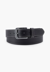 Black leather belt featuring a silver-tone metal buckle, contrasting white stitching, and a smooth surface. Includes multiple adjustment holes.