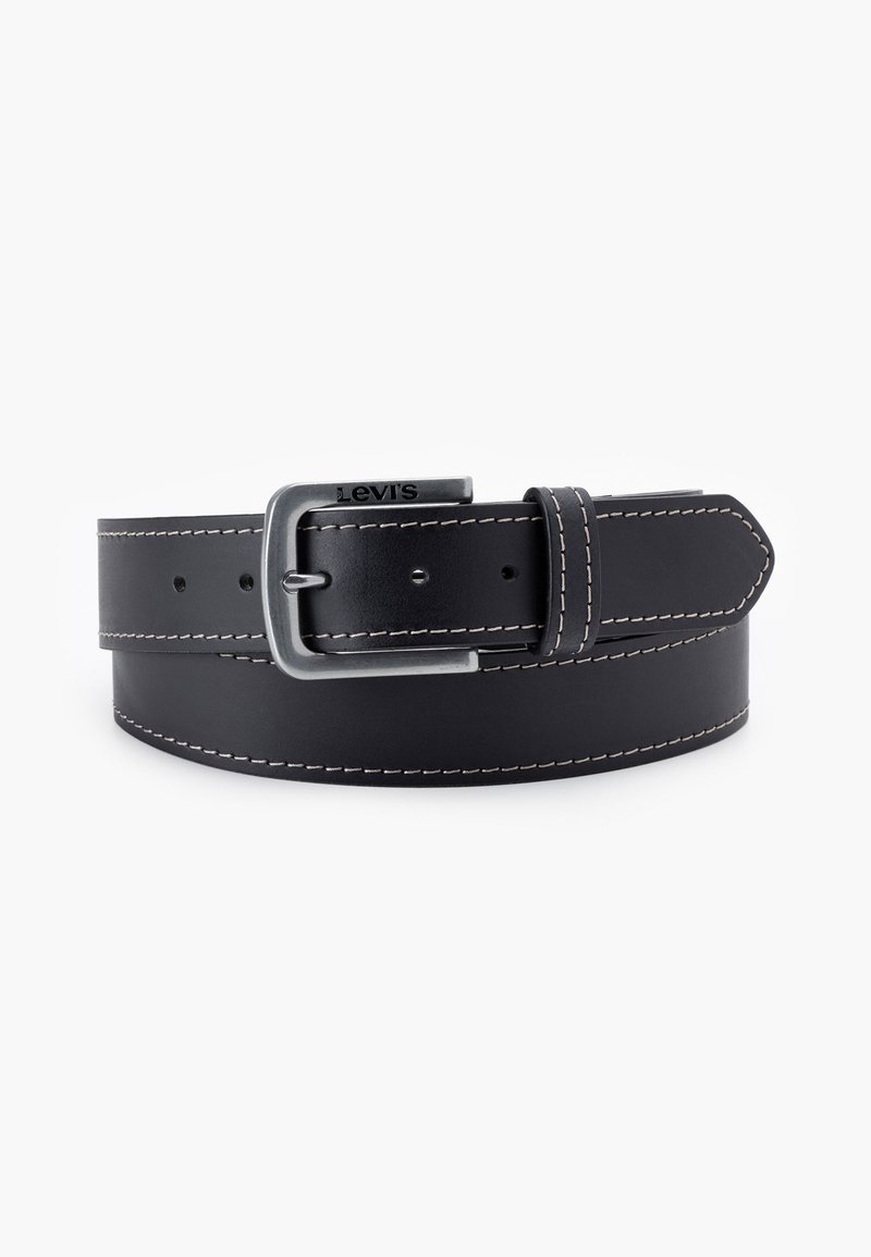 Black leather belt featuring a silver-tone metal buckle, contrasting white stitching, and a smooth surface. Includes multiple adjustment holes.