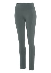 Gray leggings with a high waistband, made from a soft, stretchy material. They feature a sleek, form-fitting design and subtle seam details.