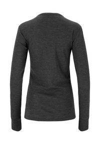 Langarmshirt in Dunkelgrau, aus weichem Stoff gefertigt. Hat einen runden Ausschnitt und eine figurbetonte Passform, mit glatter Textur und ohne sichtbare Muster.