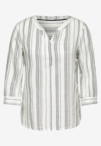 Camicia bianca con strisce nere verticali, dotata di scollo a V e maniche a tre quarti. Realizzata in un tessuto leggero con una sottile texture.