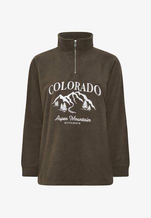 Bruine fleece trui met kwartrits, met witte geborduurde bergen, bomen en de tekst "Colorado Aspen Mountain" met coördinaten.