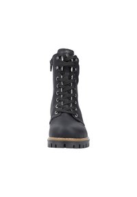 Black leather ankle boot featuring a lace-up front, side zipper, and textured upper. Durable rubber sole with a ridged pattern.