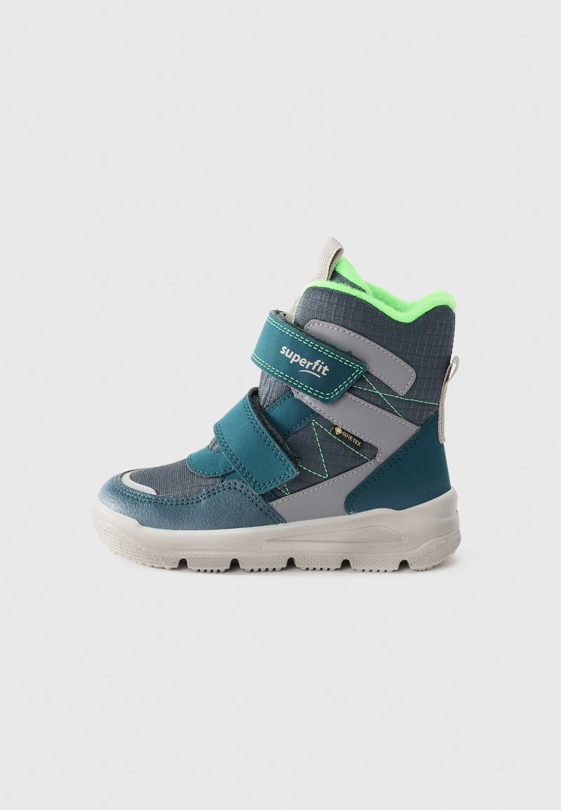 Bottines montantes bleu et gris avec des accents verts, dotées de sangles Velcro, de matériaux texturés et d'une semelle blanche épaisse. Caractéristiques étanches incluses.