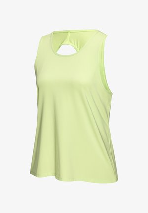Light green sleeveless top made of smooth fabric, featuring a round cutout at the back and a relaxed fit design.