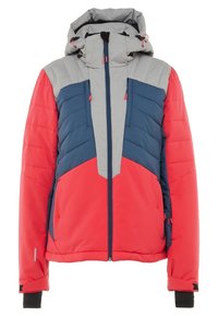 Rote und blaue gesteppte Jacke mit grauer Kapuze, ausgestattet mit Reißverschluss, Kordelzügen und kontrastierenden Chevron-Mustern auf der Vorderseite.