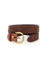 Cintura in pelle marrone con un motivo geometrico in rilievo, una fibbia rettangolare in ottone e una finitura liscia e testurizzata.