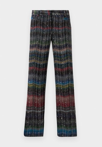 Pantaloni a gamba larga multicolore e luccicanti con un motivo a righe verticali nelle tonalità di nero, rosso, verde, blu e oro. Vita elastica.