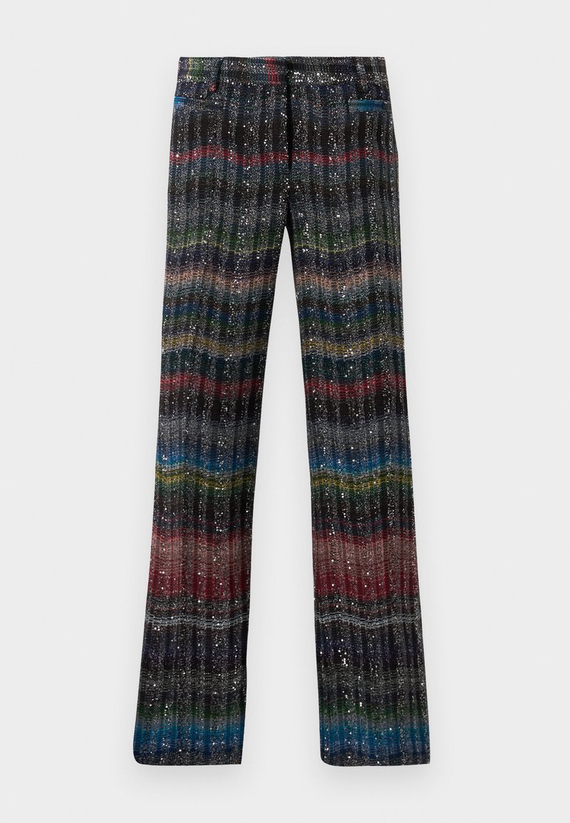 Pantalons à jambes larges multicolores et scintillants avec un motif à rayures verticales dans des teintes de noir, rouge, vert, bleu et or. Taille élastique.